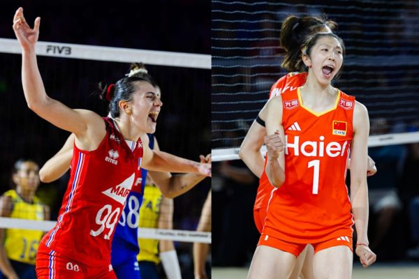 L'image représente deux joueuses. À gauche, Juliette Gelin, libéro française, en train de crier victoire. À droite, Mengjie Wu, joueuse chinoise.