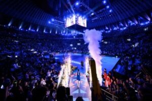 Entrée d'Alessandro Michieletto en finale de l'EuroVolley 2023.