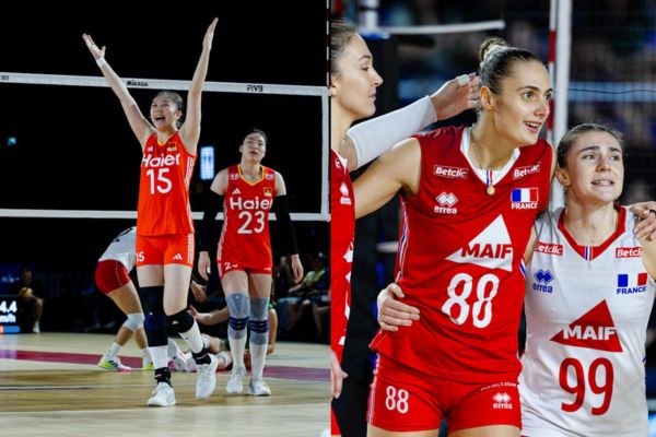 Deux photos, à gauche l'équipe de chine, à droite Amélie Rotar, Juliette Gelin et Héléna Cazaute