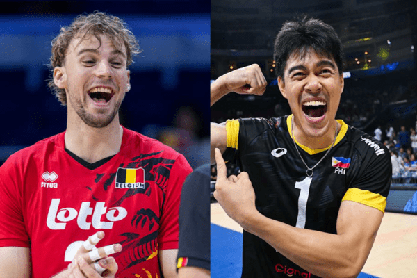 Photo de Ferre Reggers, pointu de la Belgique (à gauche), et de Bryan Bagunas, pointu des Philippines (à droite). (Volleyballworld)