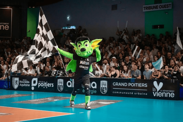 Photo de la mascotte de Poitiers avec le drapeau aux couleurs du club, devant une tribune. (Alterna SPVB, M Pichon)