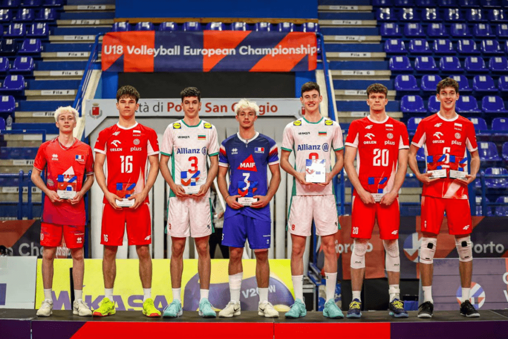 Les sept joueurs récompensés dans l'équipe de rêve de l'Euro U18 2026. (CEV)