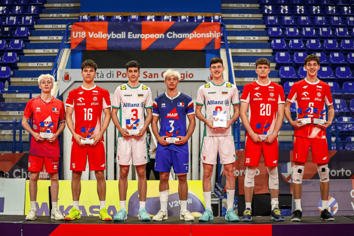 Les sept joueurs récompensés dans l'équipe de rêve de l'Euro U18 2026. (CEV)